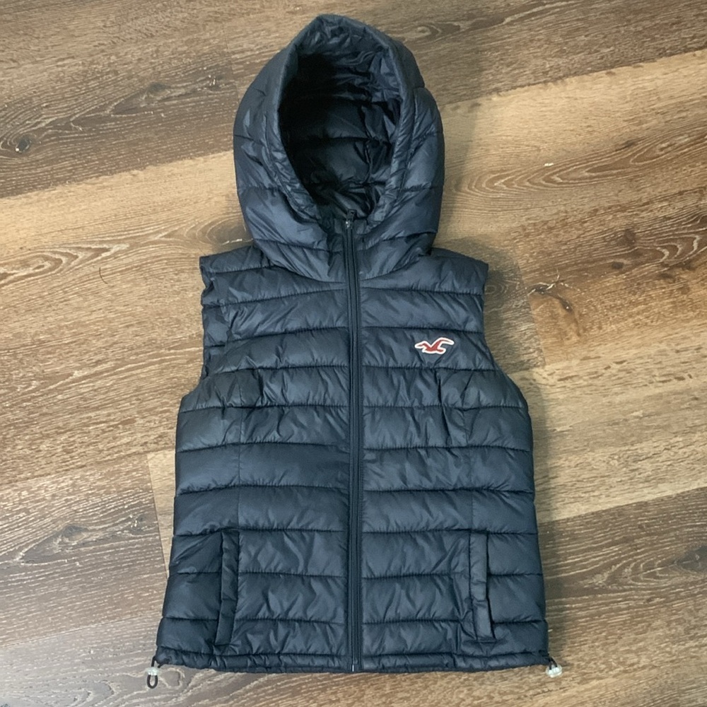 Hollister Womens navy full zip hooded puffer vest M